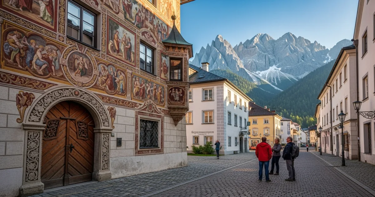 Exterior view of the Geigenbaumuseum in Mittenwald with the Karwendel Alps in the background