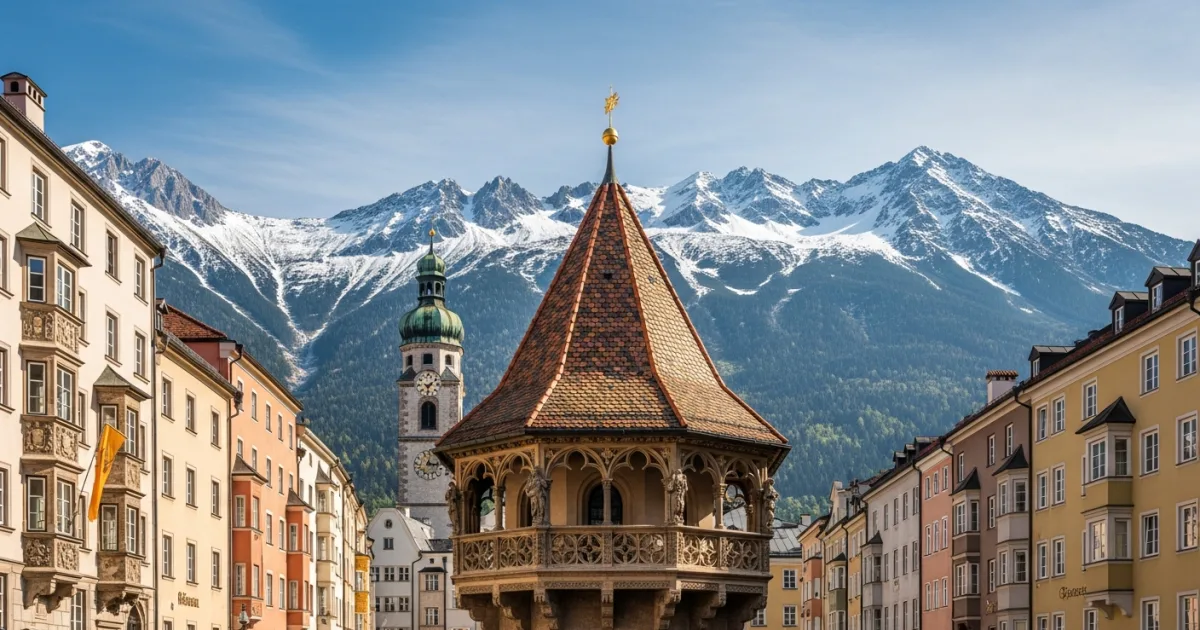 The Goldenes Dachl in Innsbruck with the Nordkette mountains in the background