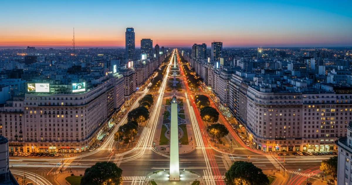 Wide-angle view of the Buenos Aires skyline and the Obelisco at twilight