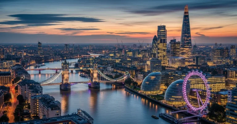 Greater London 10 Panoramic view of the Greater London skyline at sunset featuring the River Thames and Tower Bridge
