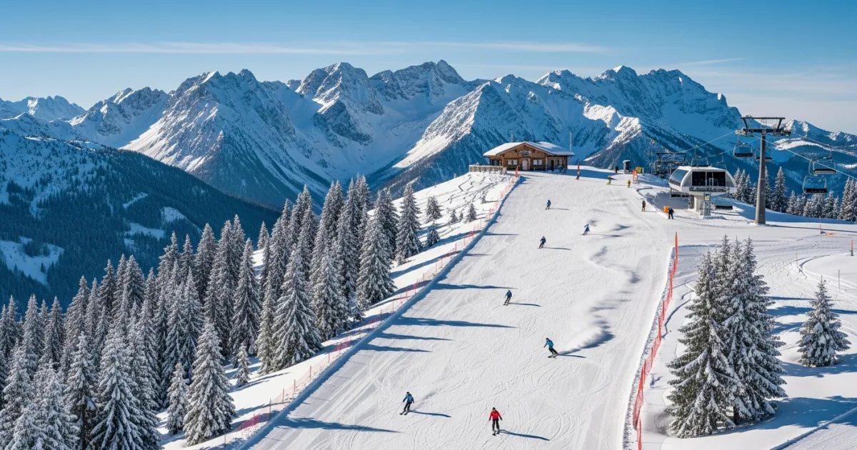 Panoramic view of the snowy slopes and chairlift at Gschwandtkopf in Seefeld, Austria