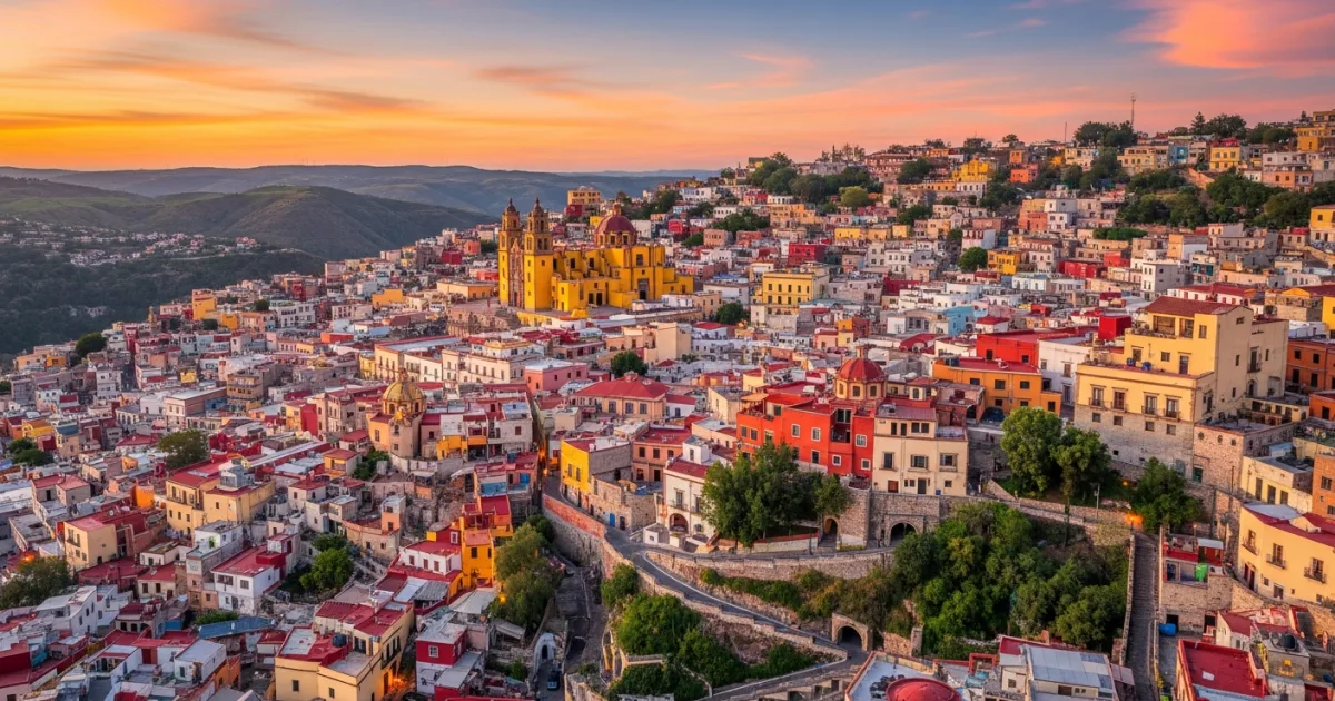 Panoramic view of the colorful colonial city of Guanajuato at sunset
