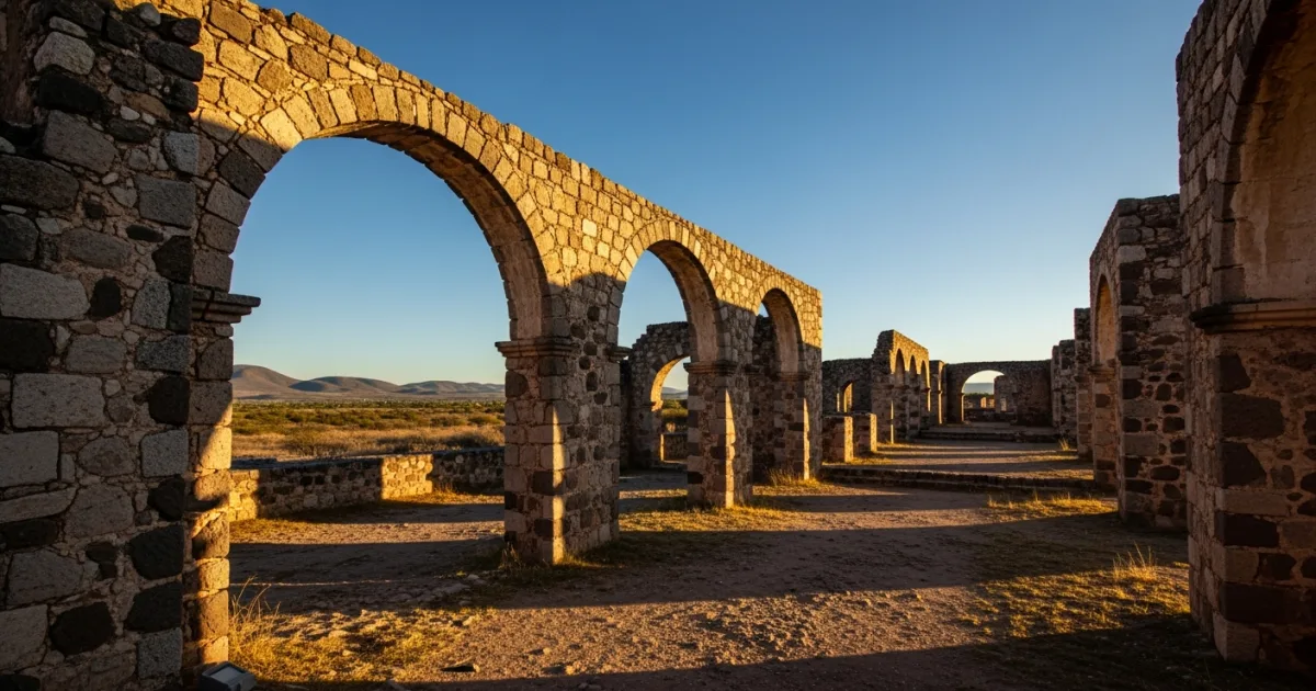 Historic stone arches of Misión de San Bernardo in Guerrero, Coahuila