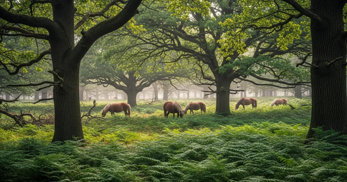 Wild ponies grazing in the ancient woodlands of the New Forest, Hampshire