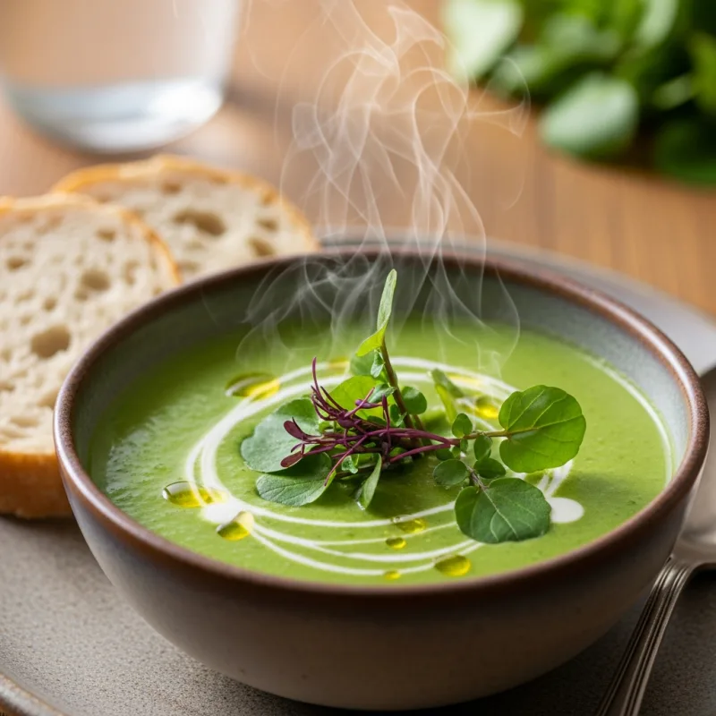 A bowl of traditional Hampshire watercress soup with crusty bread