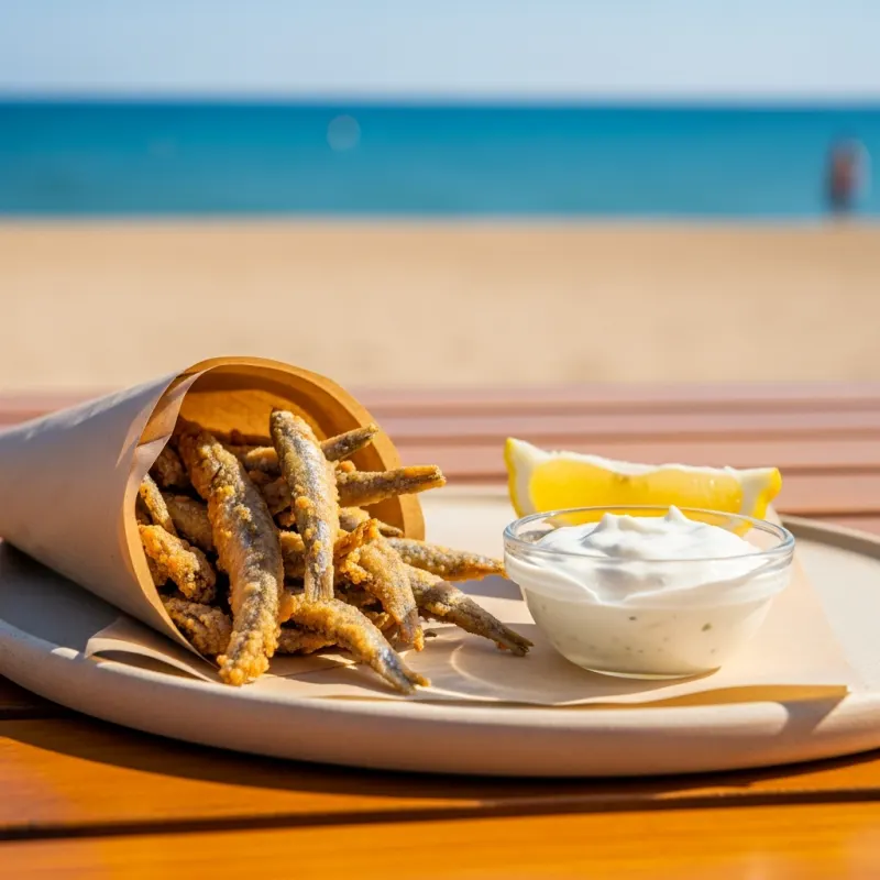 Crispy fried anchovies in a paper cone with garlic sauce