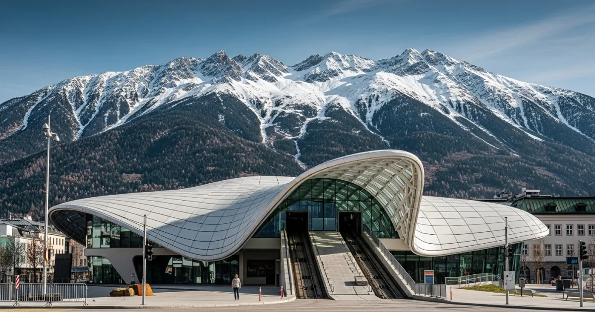 Hungerburg Funicular station with Zaha Hadid architecture and alpine mountains in the background