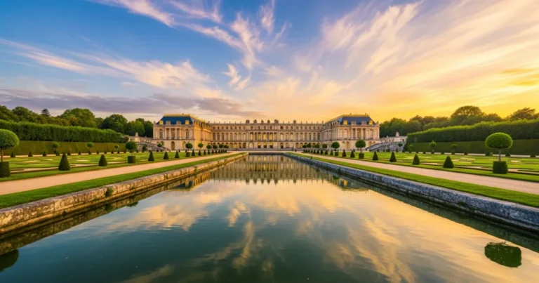 Ile-de-France 9 Wide angle view of the Palace of Versailles and its gardens at sunset