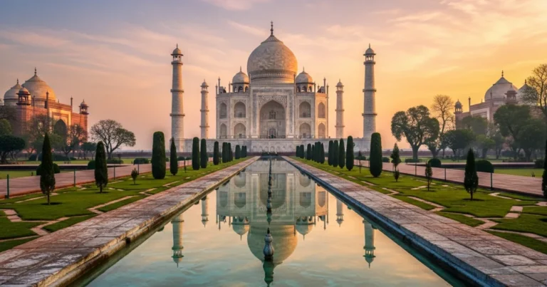 India 23 The Taj Mahal at sunrise reflecting in the ornamental pool