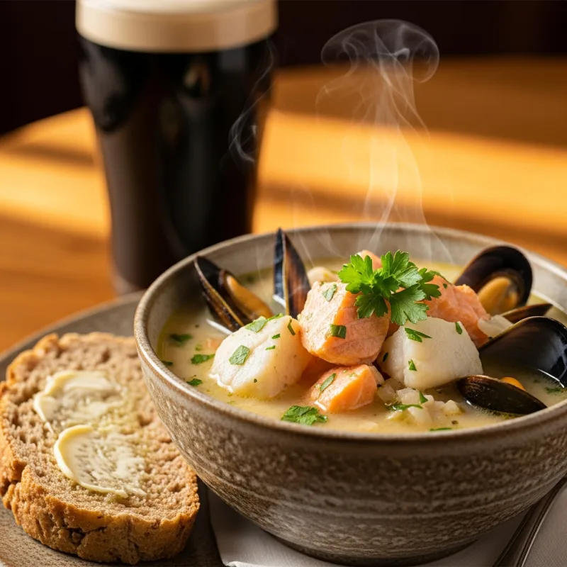 A bowl of creamy Irish seafood chowder with brown soda bread
