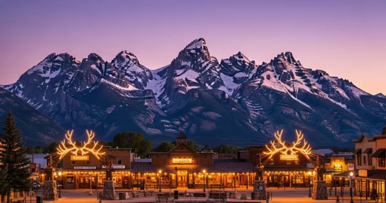 Jackson 6 Jackson Town Square with elk antler arches and the Teton Range in the background at sunset