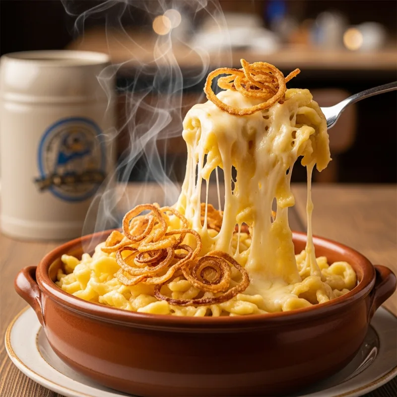 A bowl of traditional Bavarian Käsespätzle with melted cheese and crispy onions