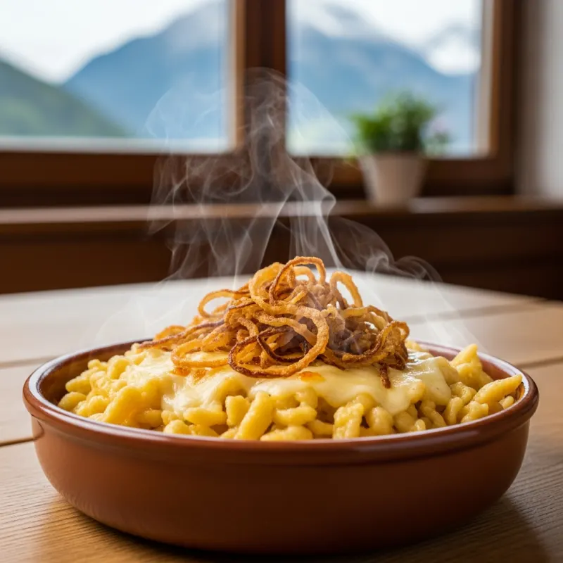 A bowl of traditional Bavarian Käsespätzle with melted cheese and fried onions