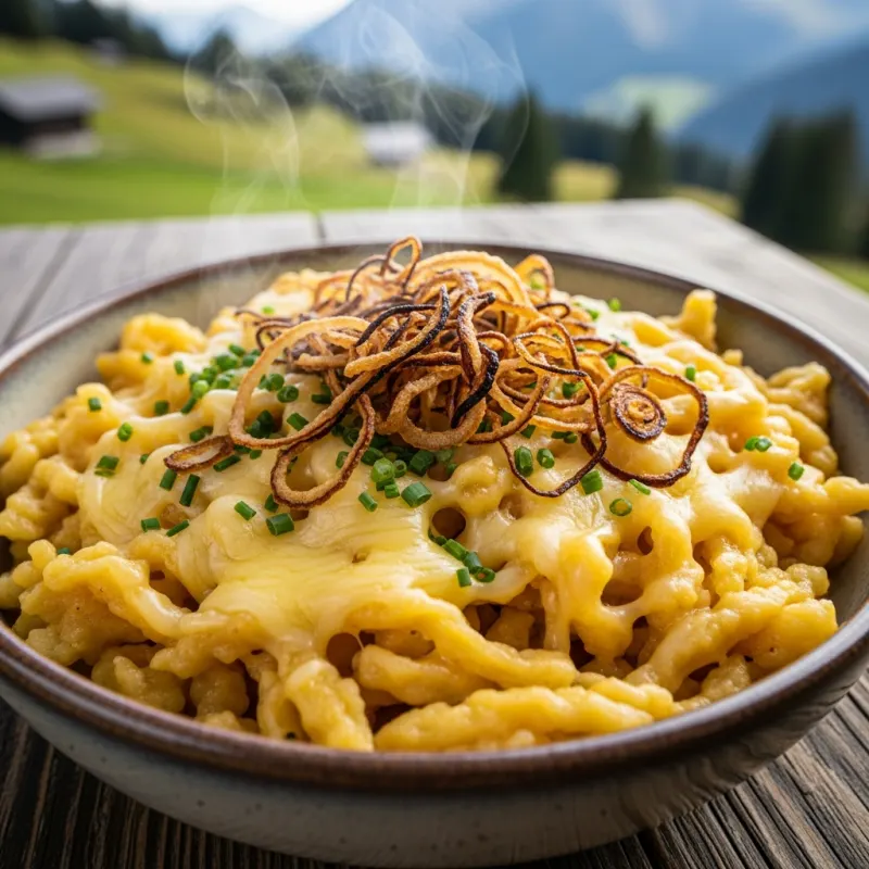 A bowl of traditional Bavarian Käsespätzle with melted cheese and crispy onions
