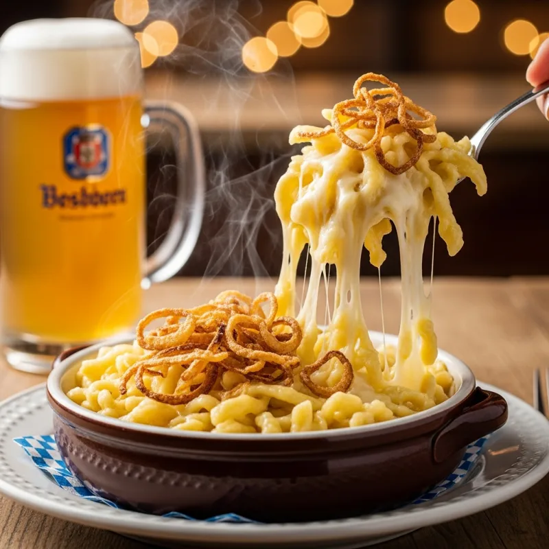 A bowl of traditional Bavarian Käsespätzle with melted cheese and crispy onions