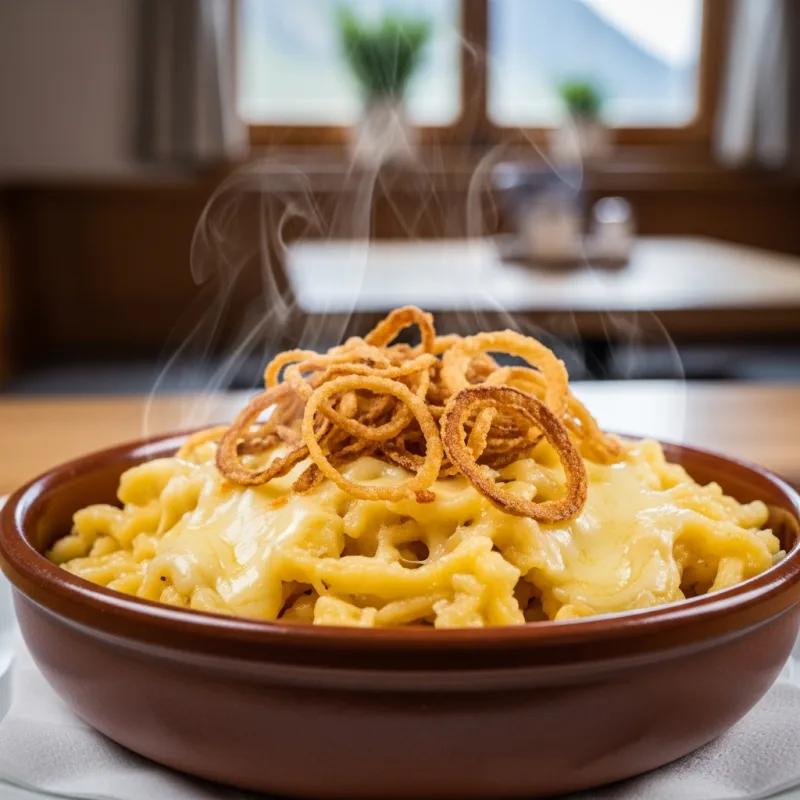 A bowl of traditional Bavarian Käsespätzle with melted cheese and fried onions