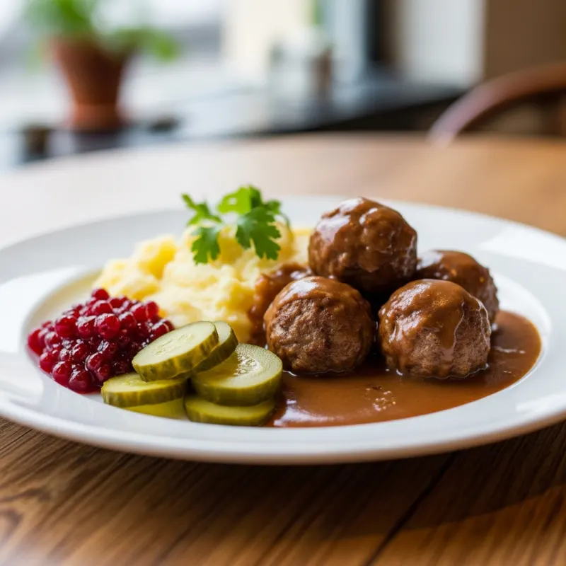 Traditional Swedish meatballs with mashed potatoes and lingonberry jam