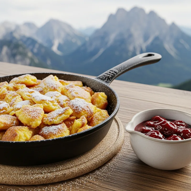 A pan of traditional Kaiserschmarrn with plum compote on an alpine terrace