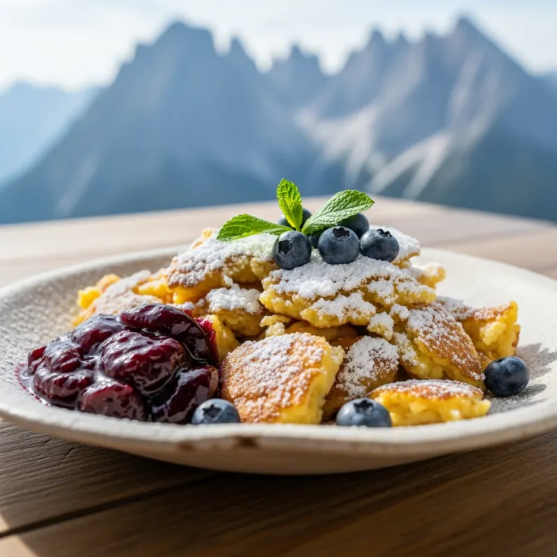 A plate of traditional Bavarian Kaiserschmarrn with plum compote