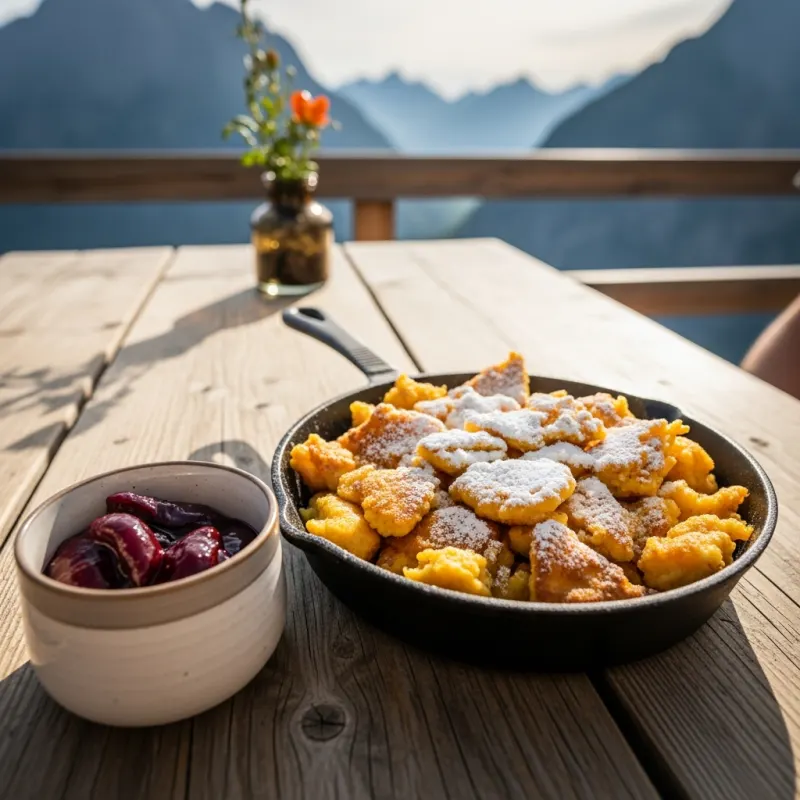 A skillet of Kaiserschmarrn served at an alpine hut with mountains in the background