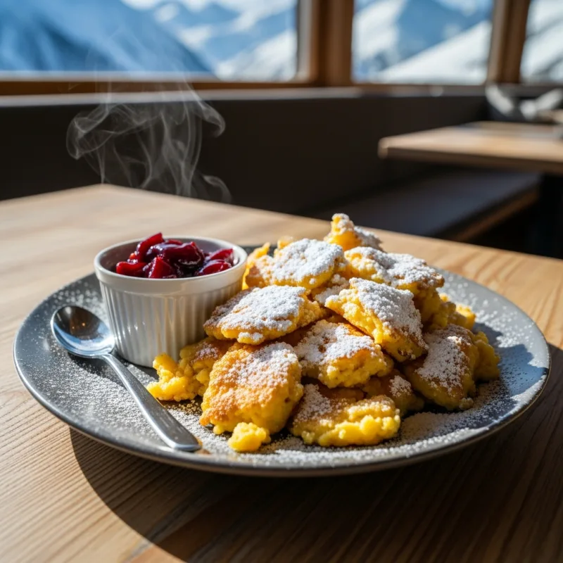 A plate of traditional Bavarian Kaiserschmarrn with powdered sugar and plum compote