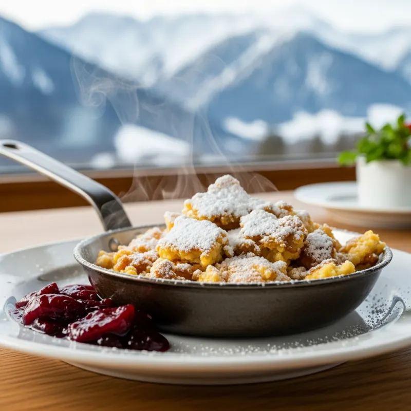 A plate of traditional Kaiserschmarrn served in an alpine setting