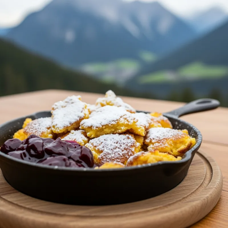 A rustic skillet filled with Kaiserschmarrn, a traditional Bavarian shredded pancake.