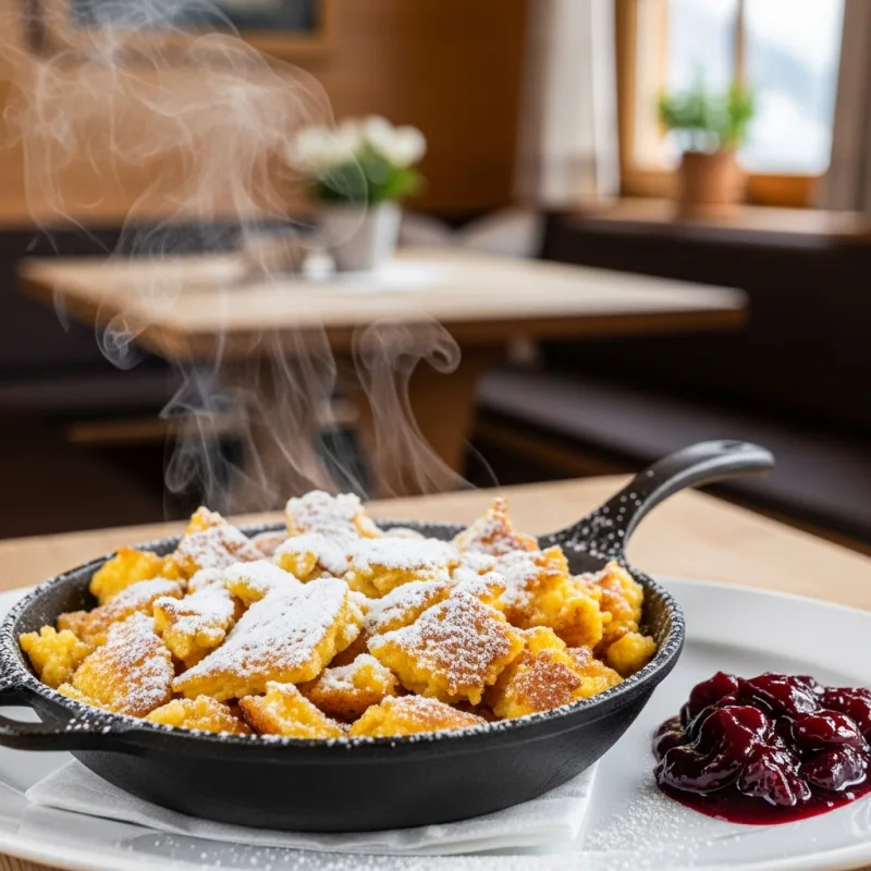A pan of traditional Bavarian Kaiserschmarrn with powdered sugar and plum compote.
