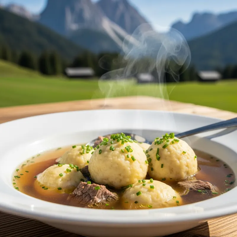 Bowl of Kaspressknödel in beef broth at Gramai Alm