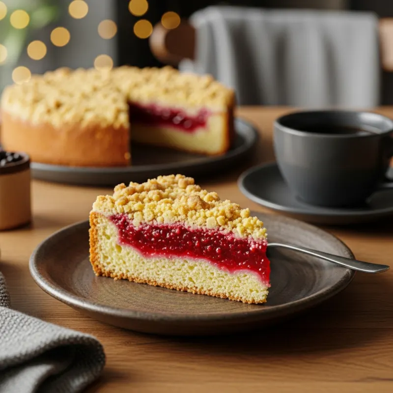 A slice of Kuchen de Murta on a rustic plate