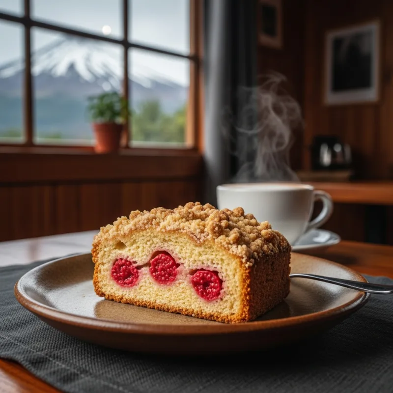 A slice of Kuchen de Murta on a rustic plate in a Pucon cafe