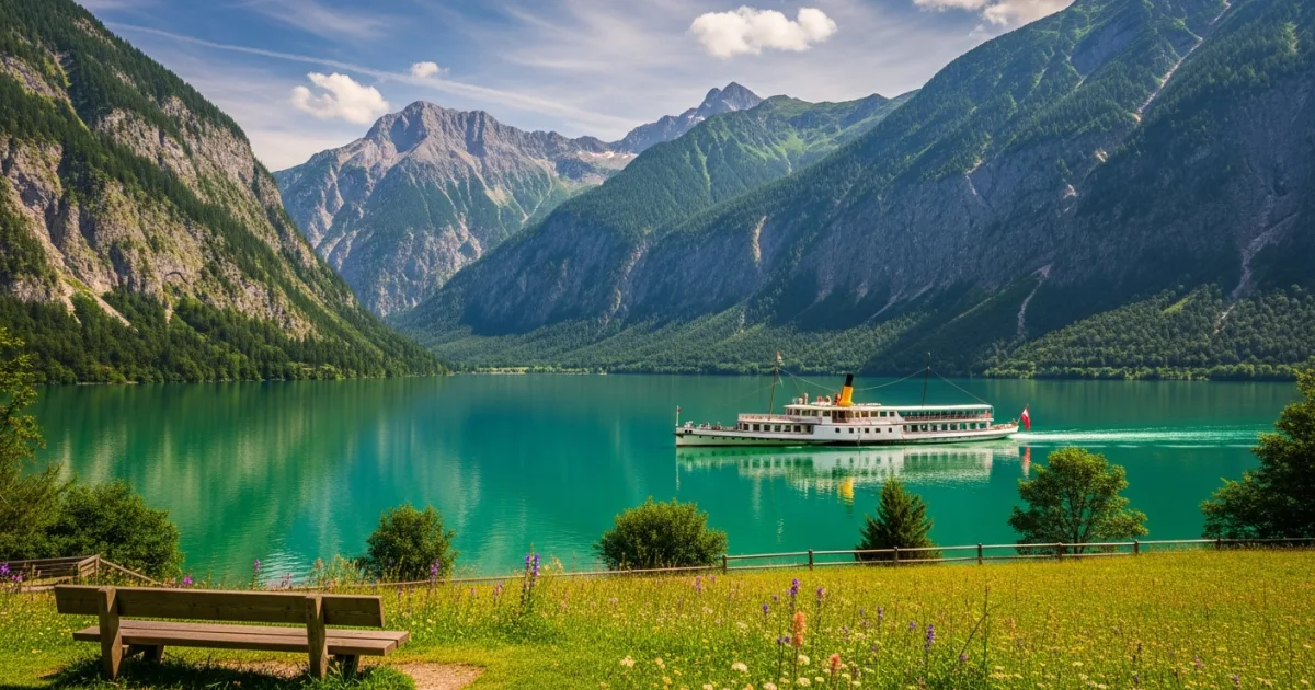 Panoramic view of Lake Achensee surrounded by the Austrian Alps