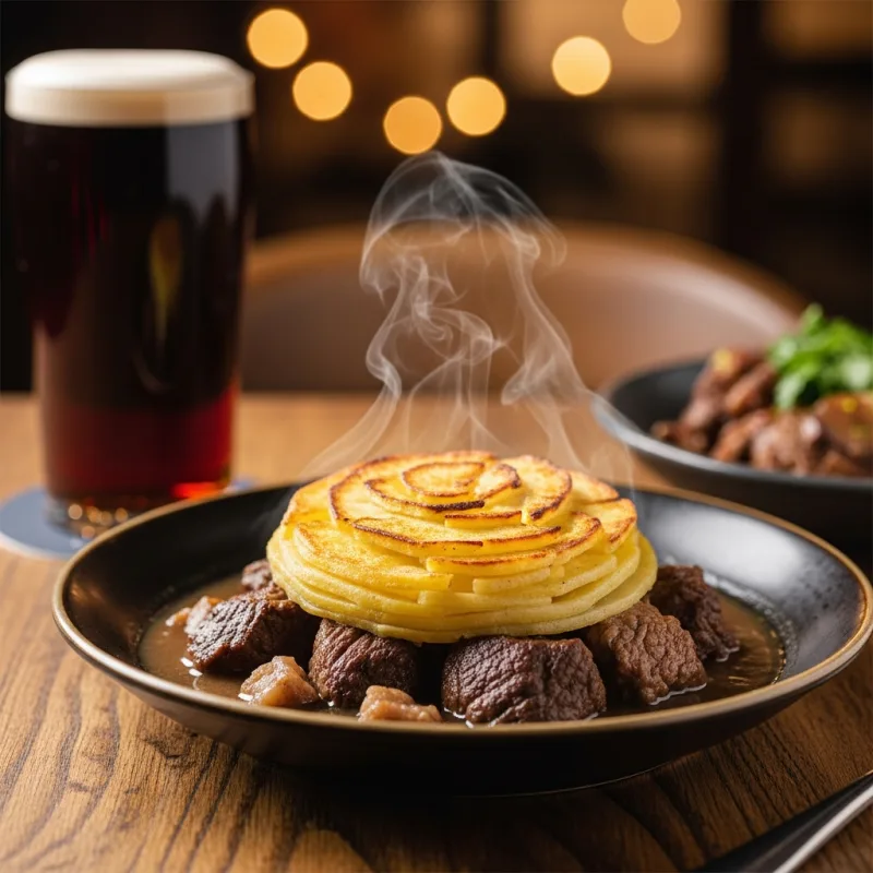 A traditional bowl of Lancashire Hotpot with crispy potatoes