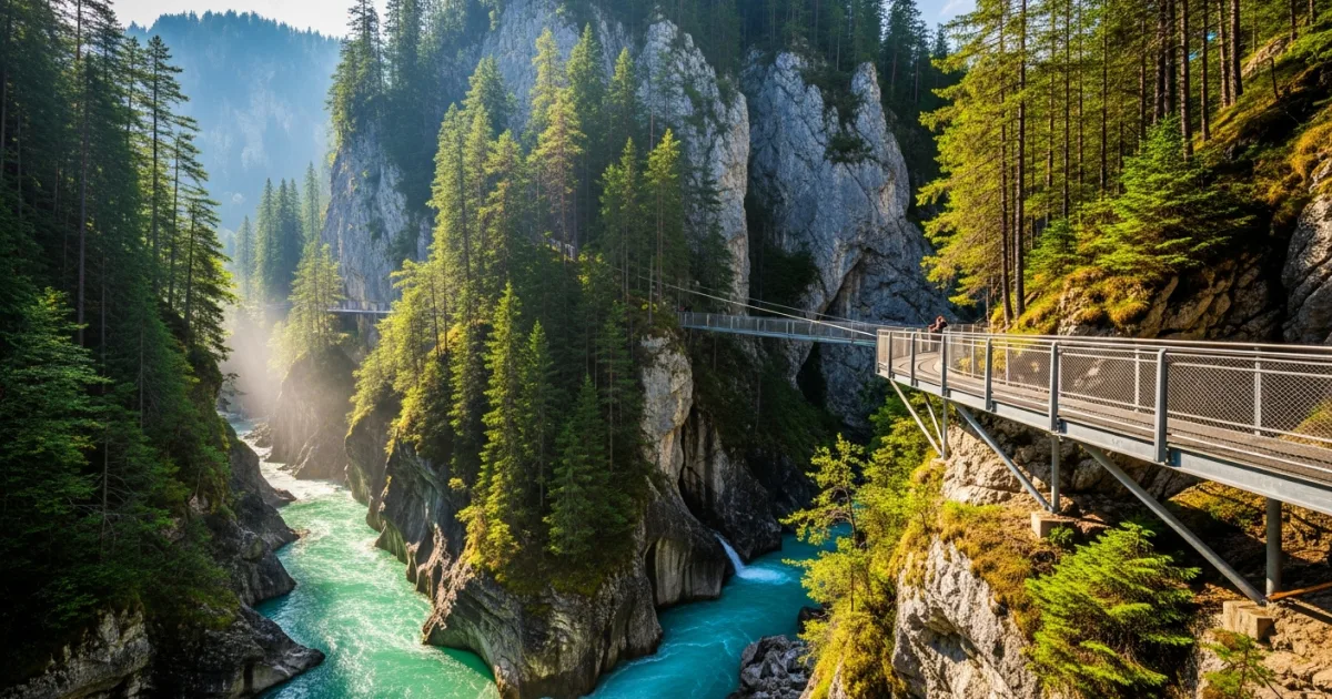 Suspended steel walkway through the Leutasch Spirit Gorge above a turquoise river