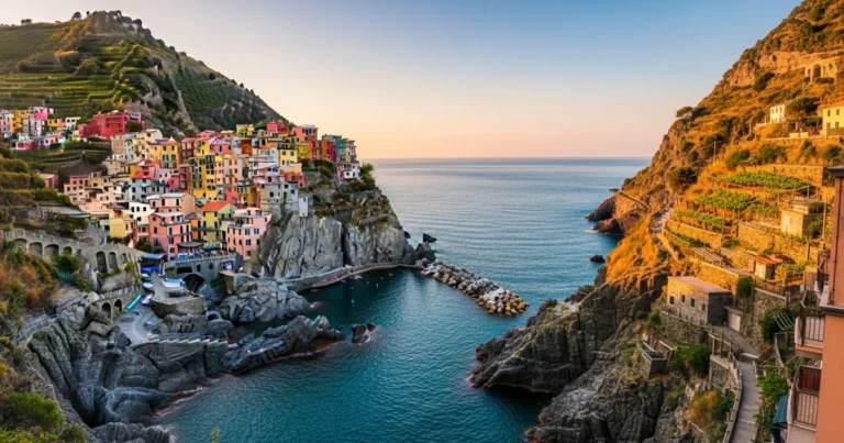 Liguria 10 Panoramic view of the colorful cliffside village of Manarola in Liguria at sunset