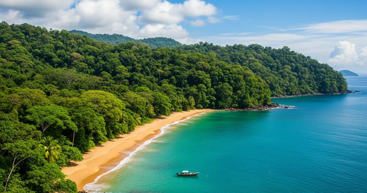 Aerial view of the lush rainforest meeting the Caribbean Sea in Limon Province, Costa Rica