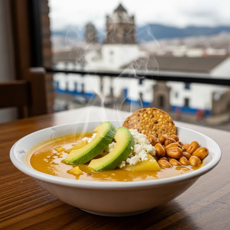 A bowl of traditional Locro de Papa soup with avocado and cheese
