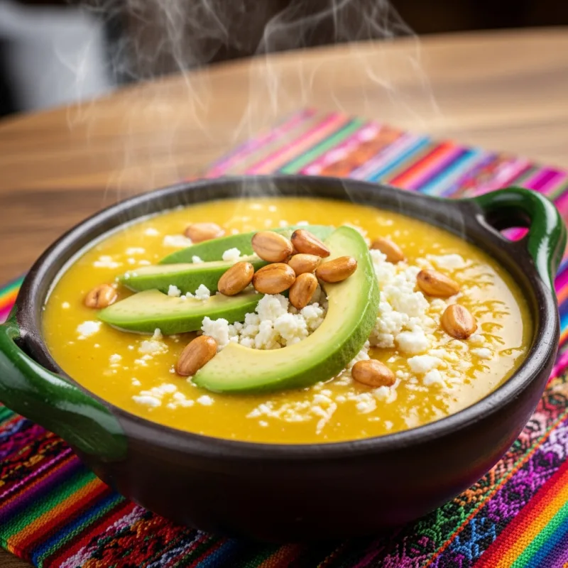 A bowl of traditional Ecuadorian Locro de Papa soup with avocado and cheese
