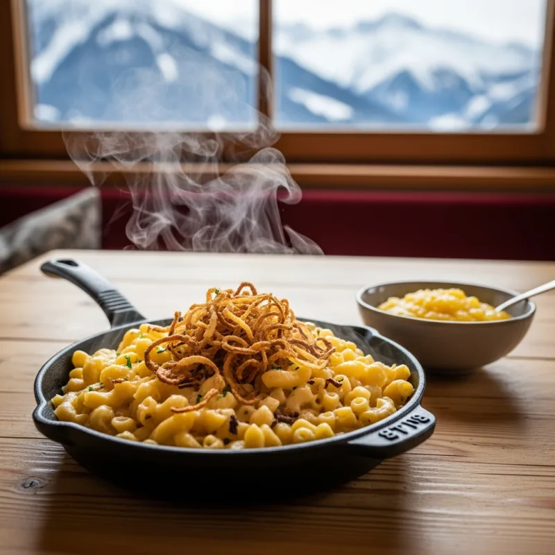 A traditional pan of Swiss Älplermagronen with applesauce