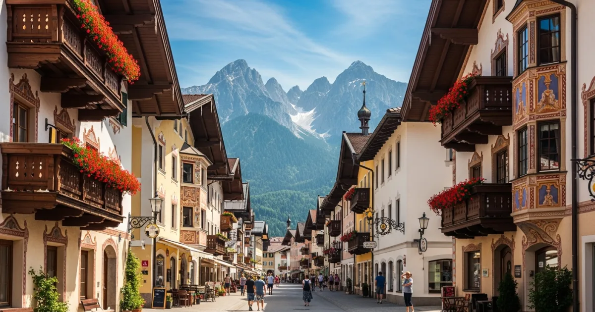 Historic Ludwigstrasse in Partenkirchen with traditional Bavarian houses and frescoes