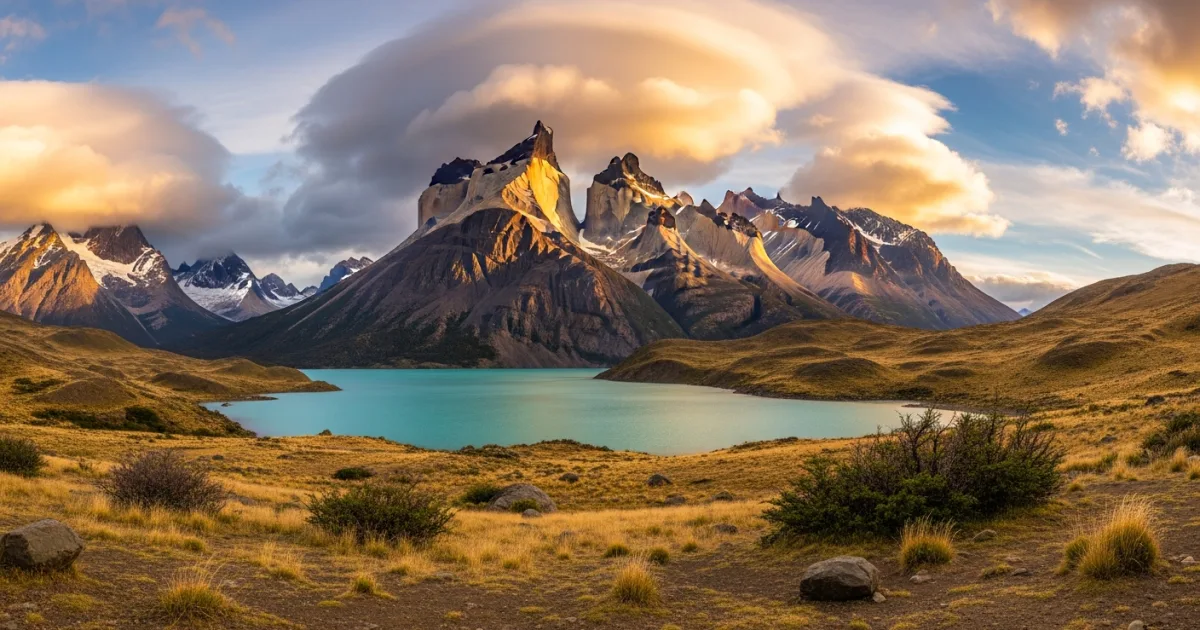 Panoramic view of Torres del Paine mountains and glacial lake in Magallanes, Chile