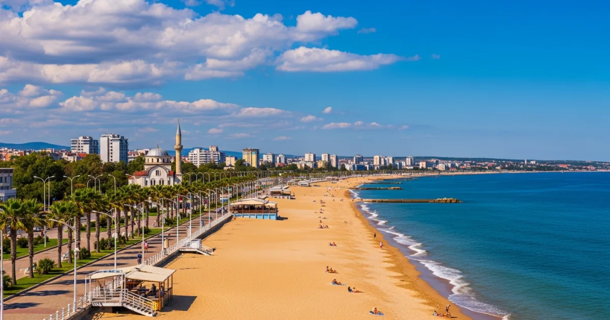 Panoramic view of Mangalia beach and city skyline on the Black Sea coast