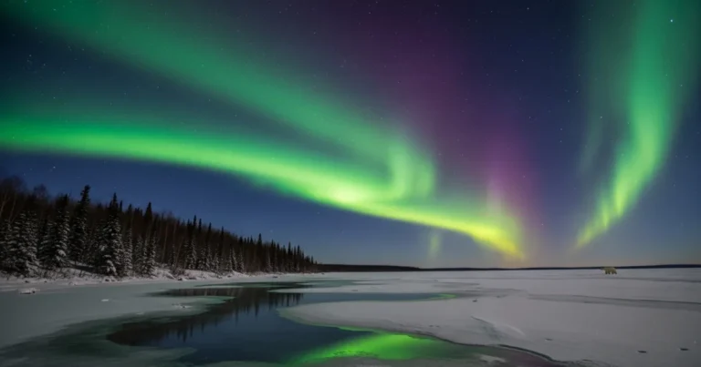 Manitoba 4 Northern Lights shining over a frozen lake and boreal forest in Manitoba