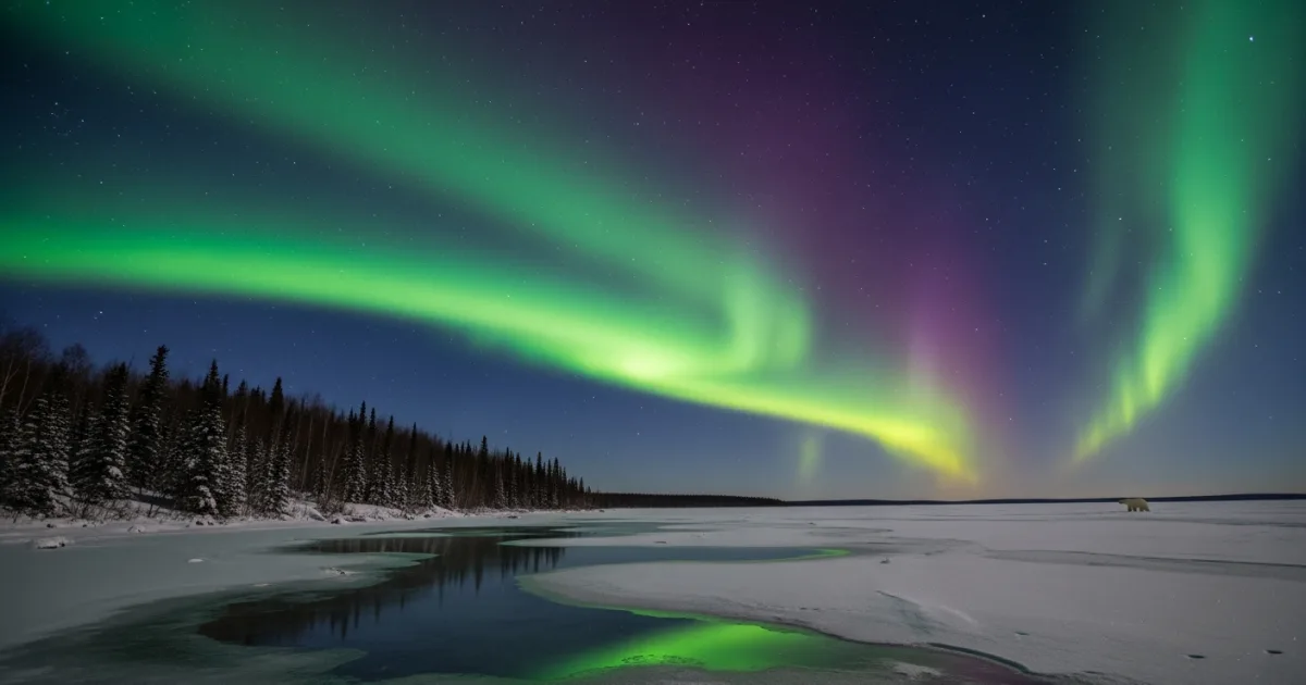 Northern Lights shining over a frozen lake and boreal forest in Manitoba