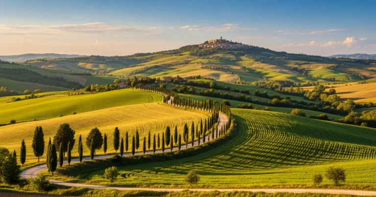 Marche 9 Rolling hills and a medieval hilltop village in the Marche region of Italy