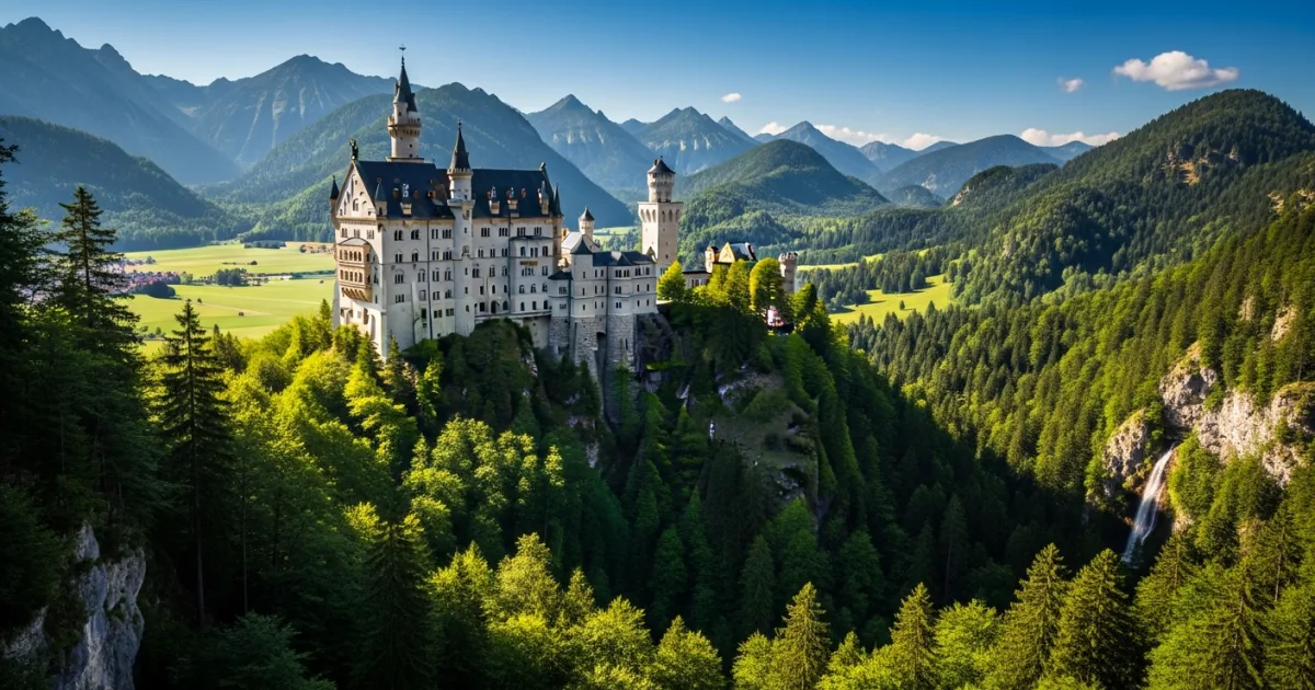 Breathtaking view of Neuschwanstein Castle from Marienbrucke in the Bavarian Alps