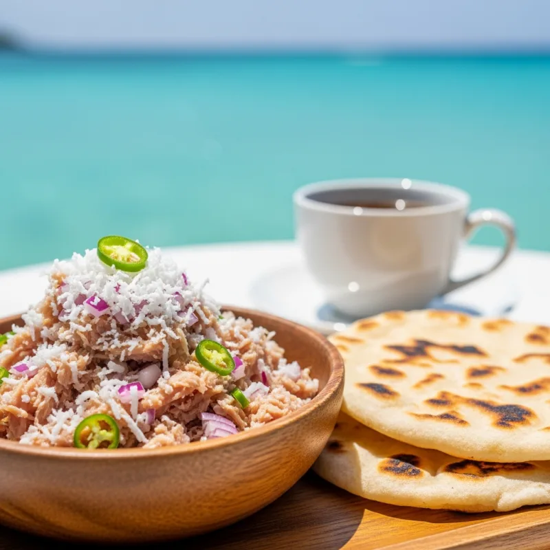 A bowl of traditional Maldivian Mas Huni with roshi flatbread