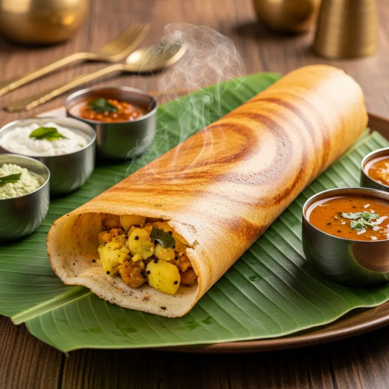 Crispy Masala Dosa served on a banana leaf with chutneys and sambar