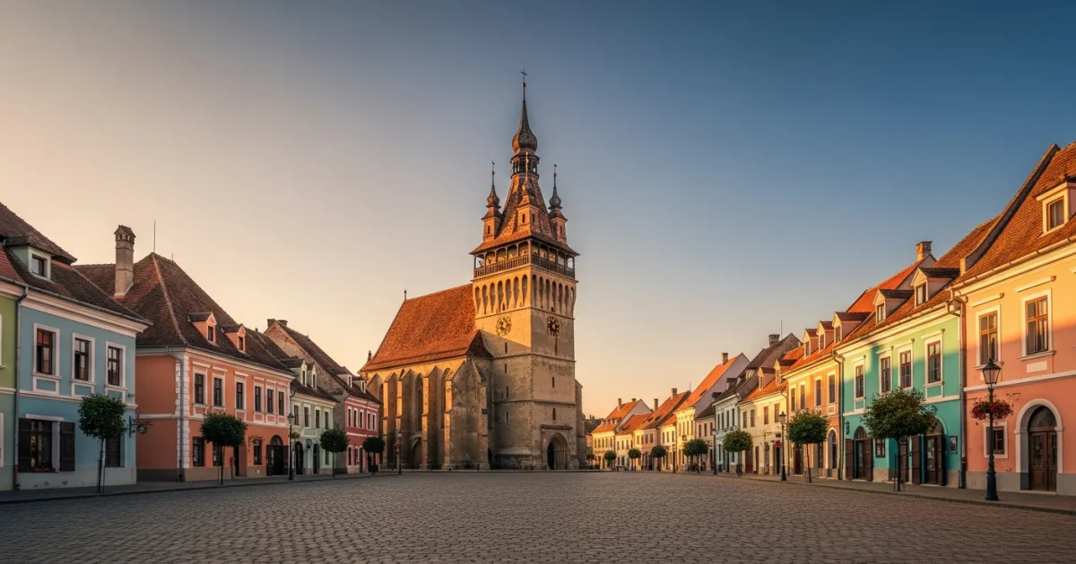 Medieval town square and leaning tower of Mediaș, Transylvania