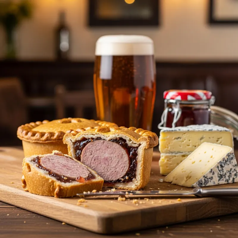 A sliced Melton Mowbray pork pie with Stilton cheese and ale